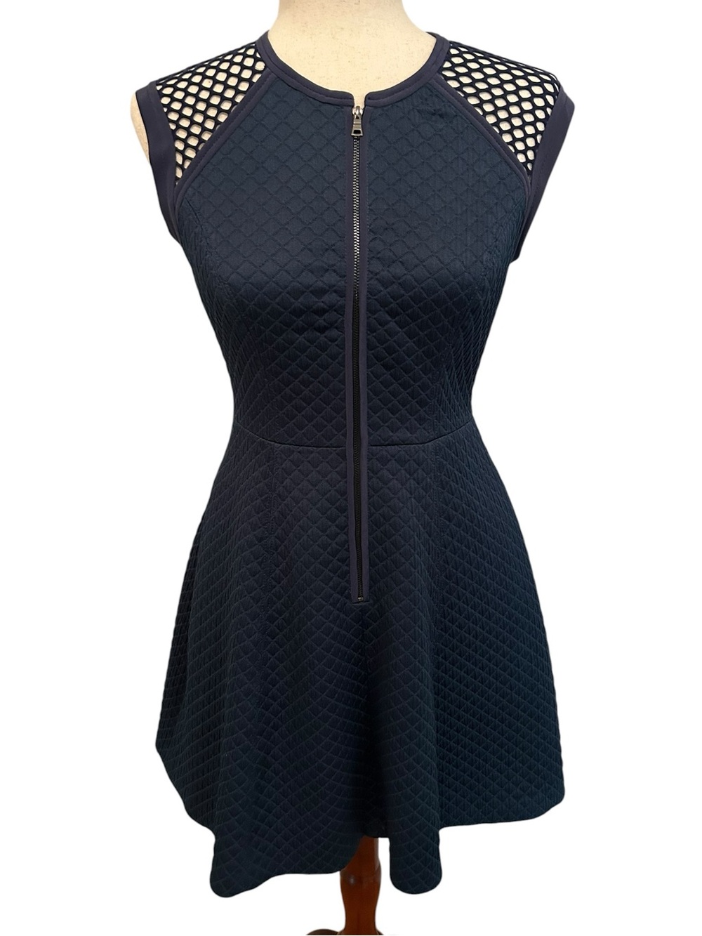 REBECCA TAYLOR Quilted Zip Front Dress Navy Mesh Shoulder Silk Trim Size 0